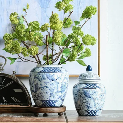 Pot de gingembre en porcelaine bleue et blanche, articles décoratifs antiques chinois pour la maison, en céramique